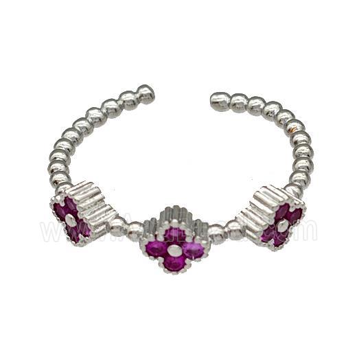 Copper Clover Rings Micro Pave Fuchsia Zirconia Platinum Plated