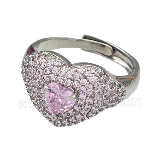 Copper Heart Rings Micro Pave Zirconia Adjustable Platinum Plated