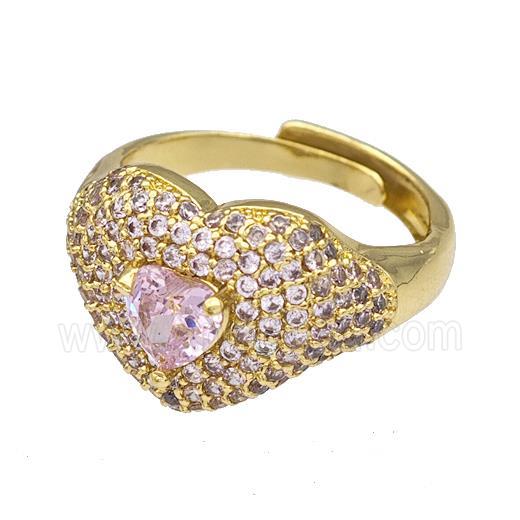 Copper Heart Rings Micro Pave Pink Zirconia Adjustable Gold Plated