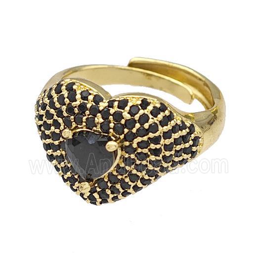 Copper Heart Rings Micro Pave Black Zirconia Adjustable Gold Plated