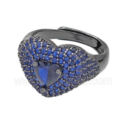 Copper Heart Rings Micro Pave Blue Zirconia Adjustable Black Plated