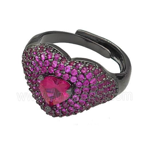 Copper Heart Rings Micro Pave Fuchsia Zirconia Adjustable Black Plated