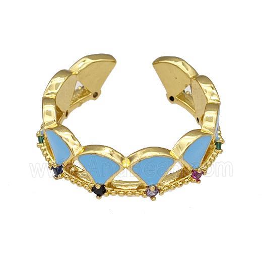 Copper Rings Pave Zircon Blue Enamel Adjustable Gold Plated