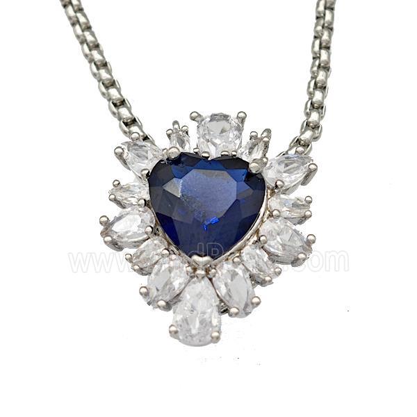 Copper Necklace Heart Micro Pave Blue Crystal Glass Platinum Plated