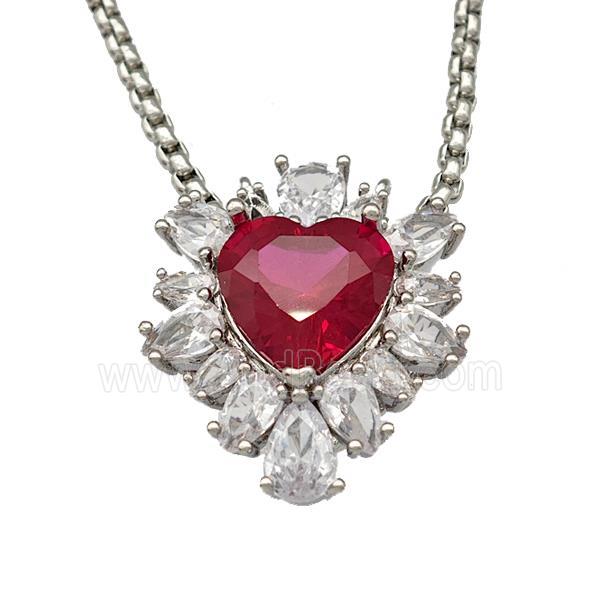 Copper Necklace Heart Micro Pave Red Crystal Glass Platinum Plated