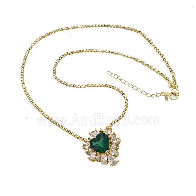 Copper Necklace Heart Micro Pave Green Crystal Glass Gold Plated