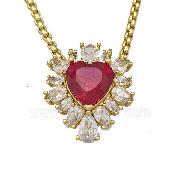 Copper Necklace Heart Micro Pave Red Crystal Glass Gold Plated