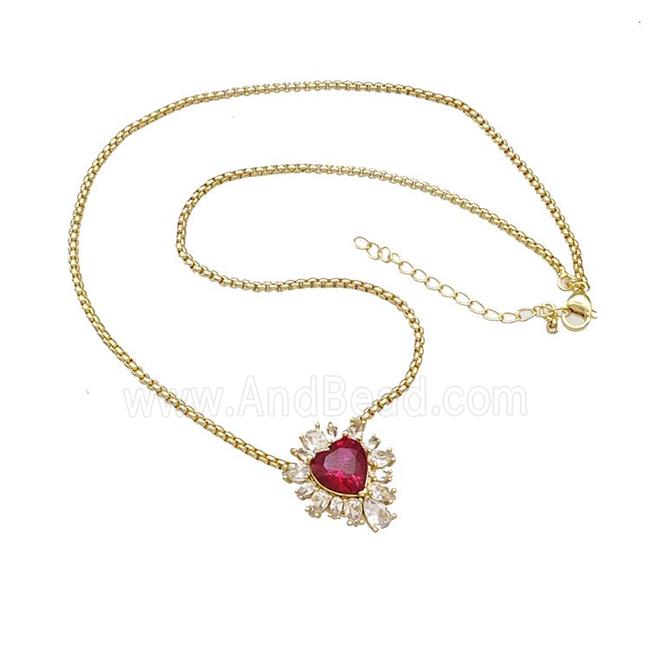 Copper Necklace Heart Micro Pave Red Crystal Glass Gold Plated