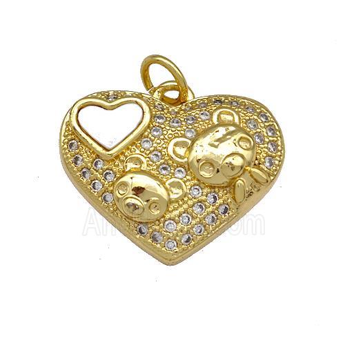 Copper Heart Pendant Pave Shell Zirconia Bear Charms 18K Gold Plated
