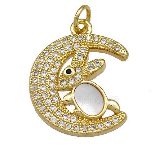 Copper Moon Rabbit Charms Pendant Pave Shell Zirconia 18K Gold Plated