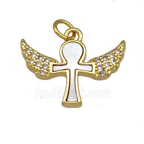 Ankh Angel Wings Charms Copper Pendant Pave Shell Zirconia 18K Gold Plated