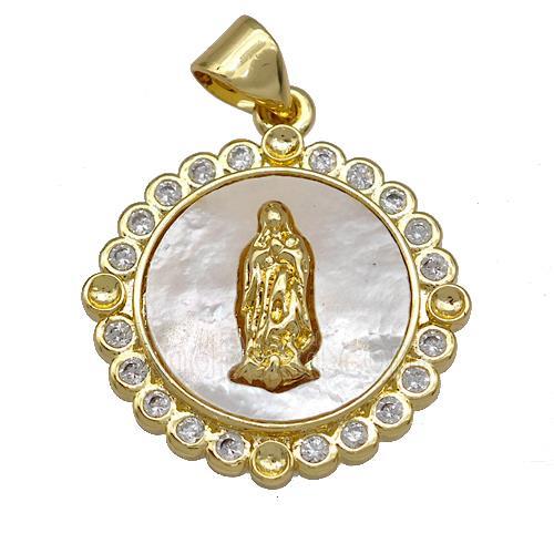Jesus Charms Copper Circle Pendant Pave Shell Zirconia 18K Gold Plated