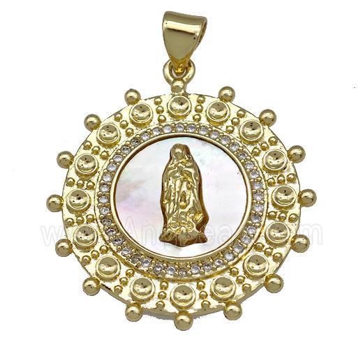 Jesus Charms Copper Circle Pendant Pave Shell Zirconia 18K Gold Plated