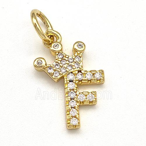 Copper Pendant Pave Zirconia Letter-F Crown Gold Plated