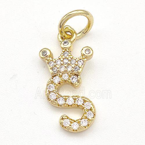 Copper Pendant Pave Zirconia Letter-S Crown Gold Plated