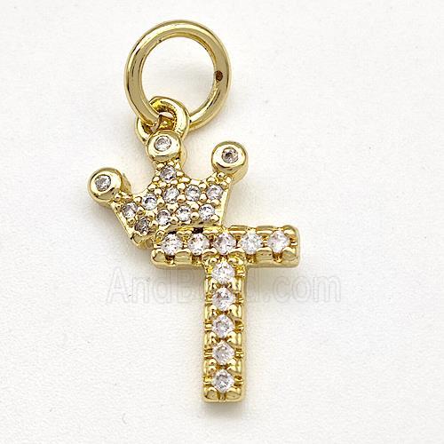 Copper Pendant Pave Zirconia Letter-T Crown Gold Plated