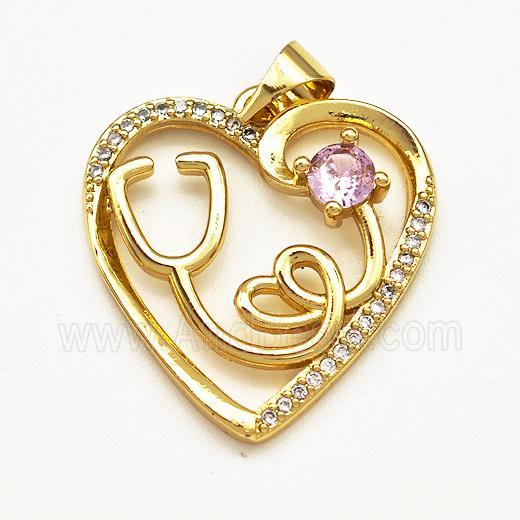 Copper Heart Pendant Pave Zircon Stethoscope Gold Plated