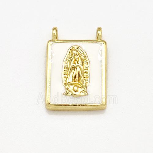 Copper Rectangle Pendant Virgin Mary White Enamel 2loops Gold Plated