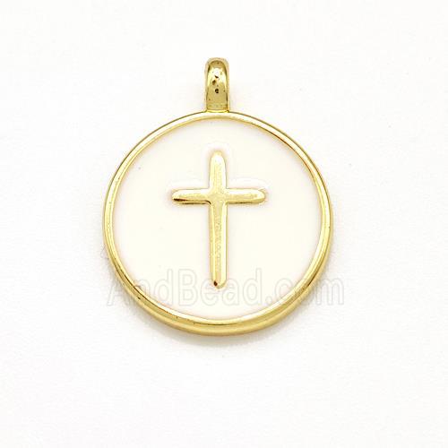 Copper Circle Pendant Cross White Enamel Gold Plated