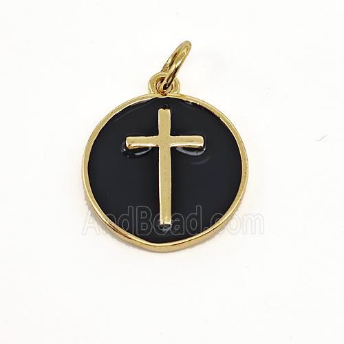 Copper Circle Pendant Cross Black Enamel Gold Plated