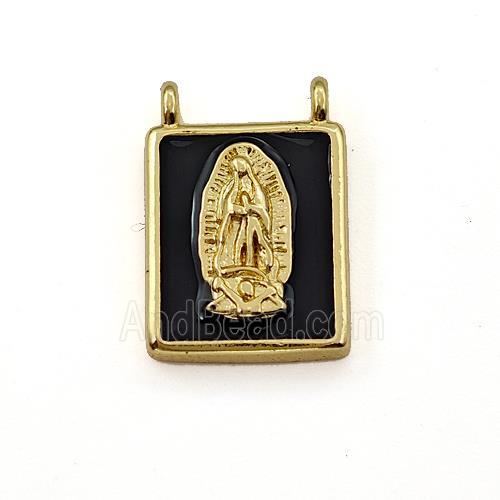 Copper Rectangle Pendant Virgin Mary Black Enamel 2loops Gold Plated