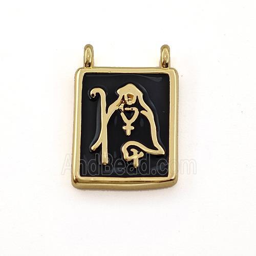 Copper Rectangle Pendant Jesus Black Enamel 2loops Gold Plated