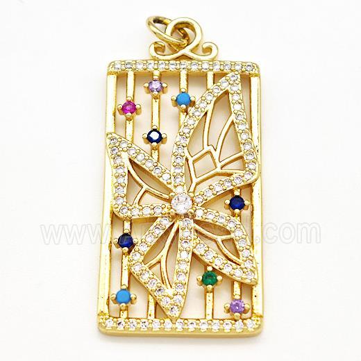 Copper Rectangle Pendant Pave Zircon Butterfly Gold Plated