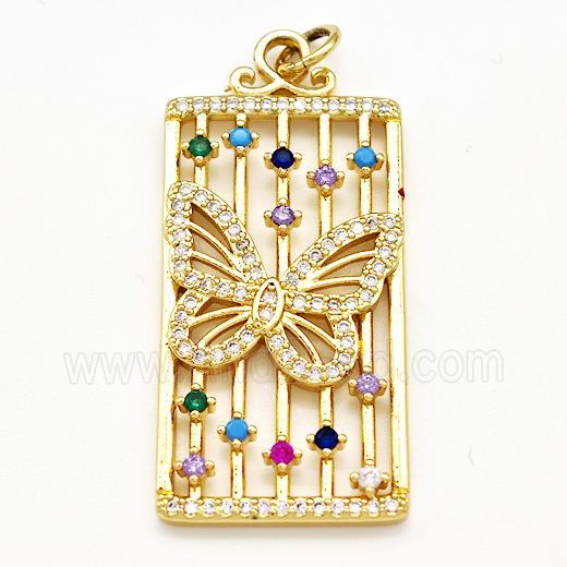 Copper Rectangle Pendant Pave Zircon Butterfly Gold Plated