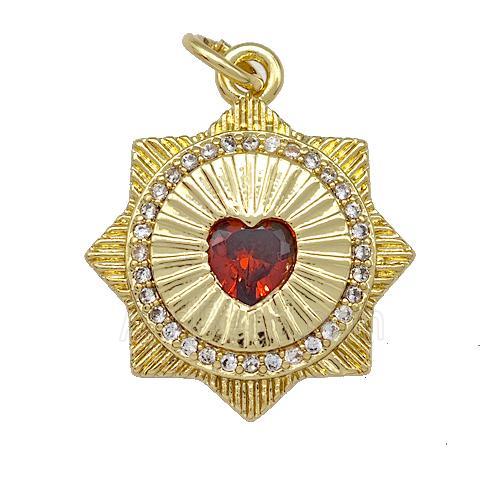 Red Heart Sun Charms Copper Pendant Pave Zircon Gold Plated