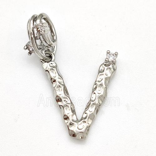 Copper Letter-V Pendant Pave Zircon Platinum Plated