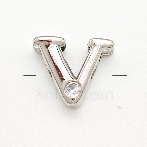 Copper Letter-V Beads Pave Zircon Platinum Plated