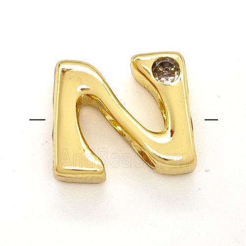 Copper Letter-N Beads Pave Zircon Gold Plated