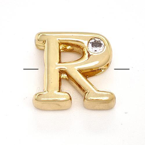 Copper Letter-R Beads Pave Zircon Gold Plated