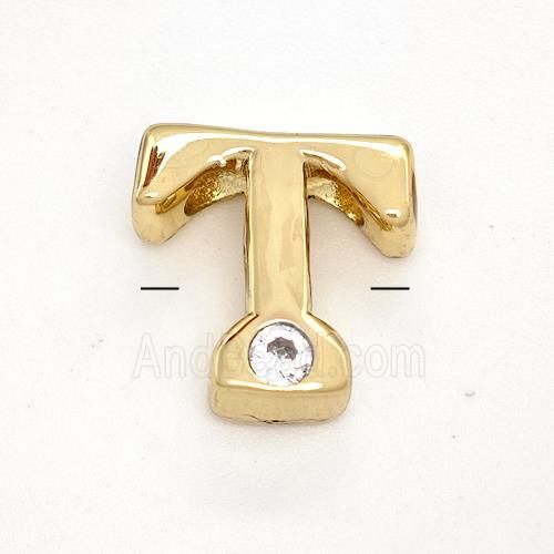 Copper Letter-T Beads Pave Zircon Gold Plated