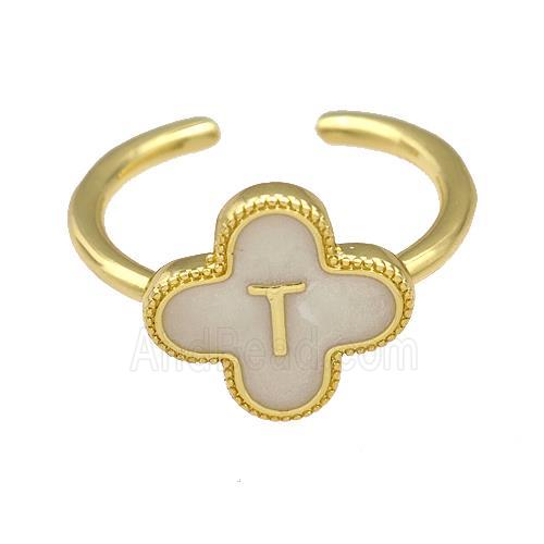 Copper Clover Rings Letter-T Painted Gold Plated