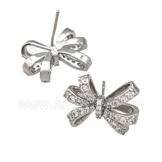 Copper Bow Stud Earrings Pave Zircon Platinum Plated