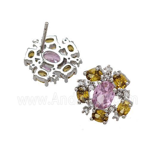 Copper Stud Earrings Pave Zircon Flower Platinum Plated