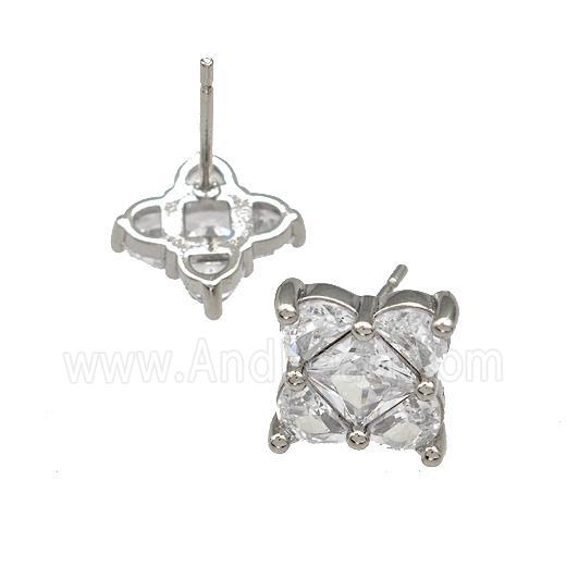 Copper Stud Earrings Micro Pave Zirconia Flower Platinum Plated