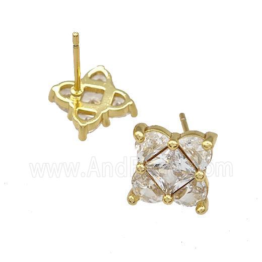 Copper Stud Earrings Micro Pave Zirconia Flower Gold Plated