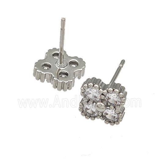 Copper Stud Earrings Micro Pave Zirconia Flower Platinum Plated