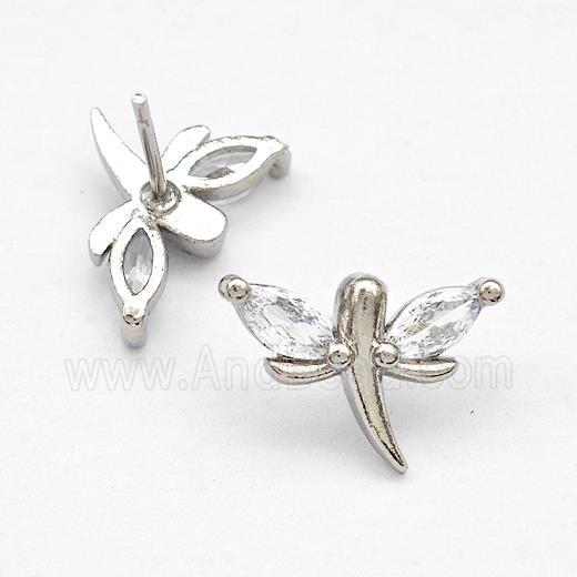 Copper Dragonfly Stud Earrings Pave Zirconia Platinum Plated