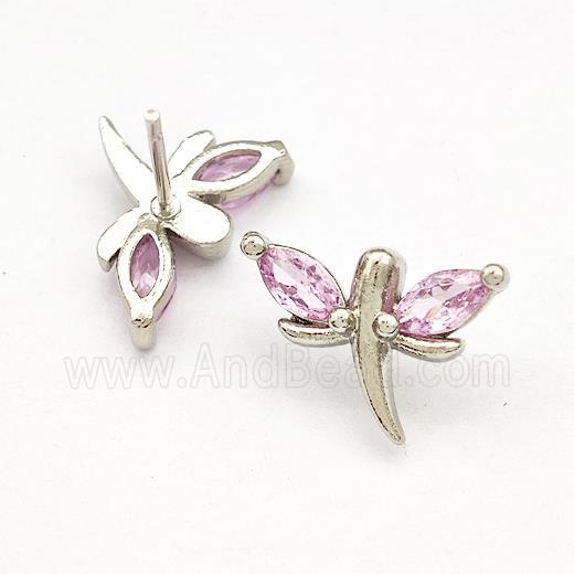 Copper Dragonfly Stud Earrings Pave Pink Zirconia Platinum Plated