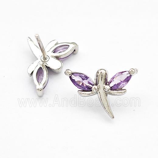 Copper Dragonfly Stud Earrings Pave Purple Zirconia Platinum Plated