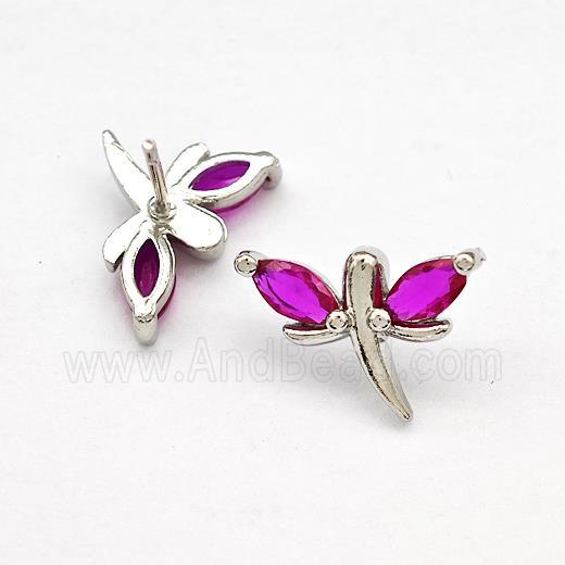 Copper Dragonfly Stud Earrings Pave Fuchsia Zirconia Platinum Plated