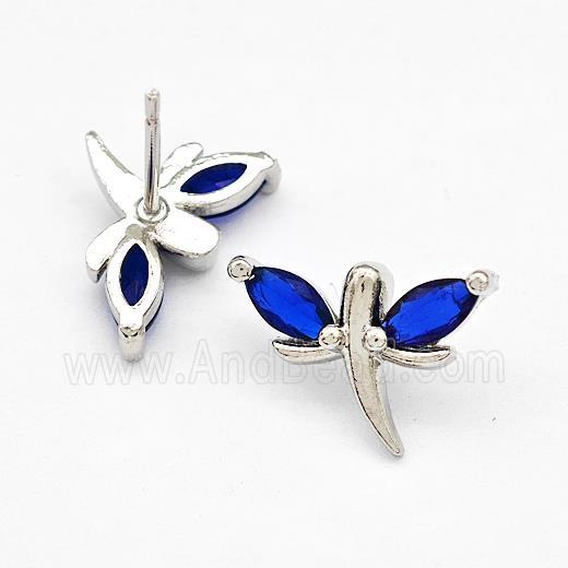 Copper Dragonfly Stud Earrings Pave Blue Zirconia Platinum Plated