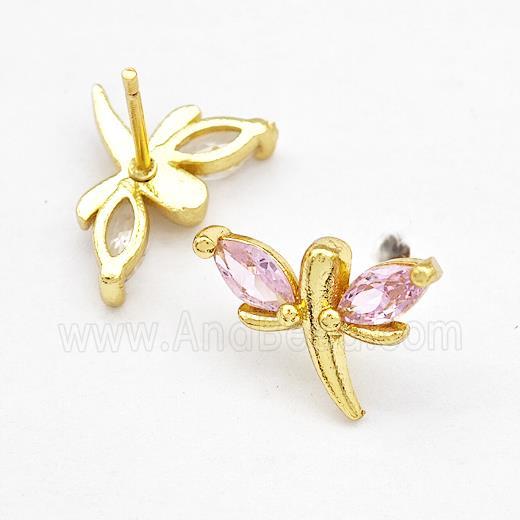 Copper Dragonfly Stud Earrings Pave Pink Zirconia Gold Plated