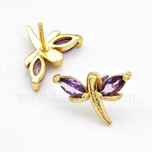 Copper Dragonfly Stud Earrings Pave Puprle Zirconia Gold Plated