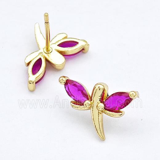 Copper Dragonfly Stud Earrings Pave Fuchsia Zirconia Gold Plated