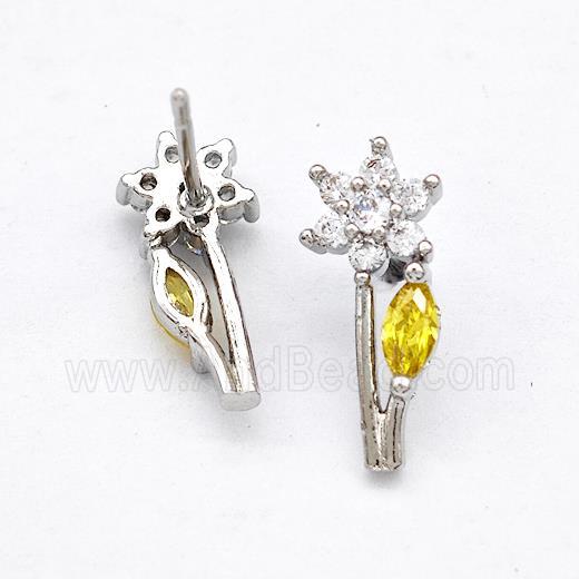 Copper Flower Stud Earrings Pave Zircon Platinum Plated