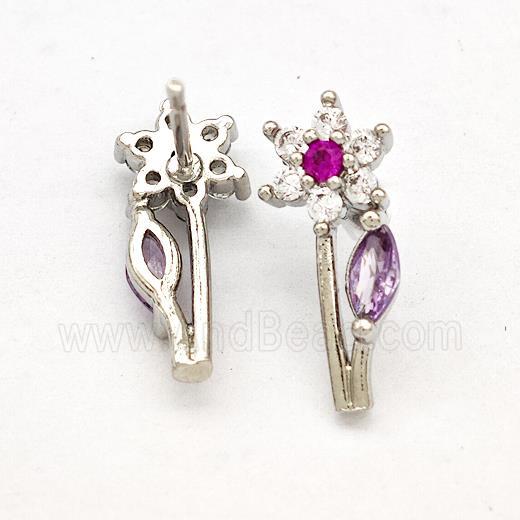 Copper Flower Stud Earrings Pave Zircon Platinum Plated